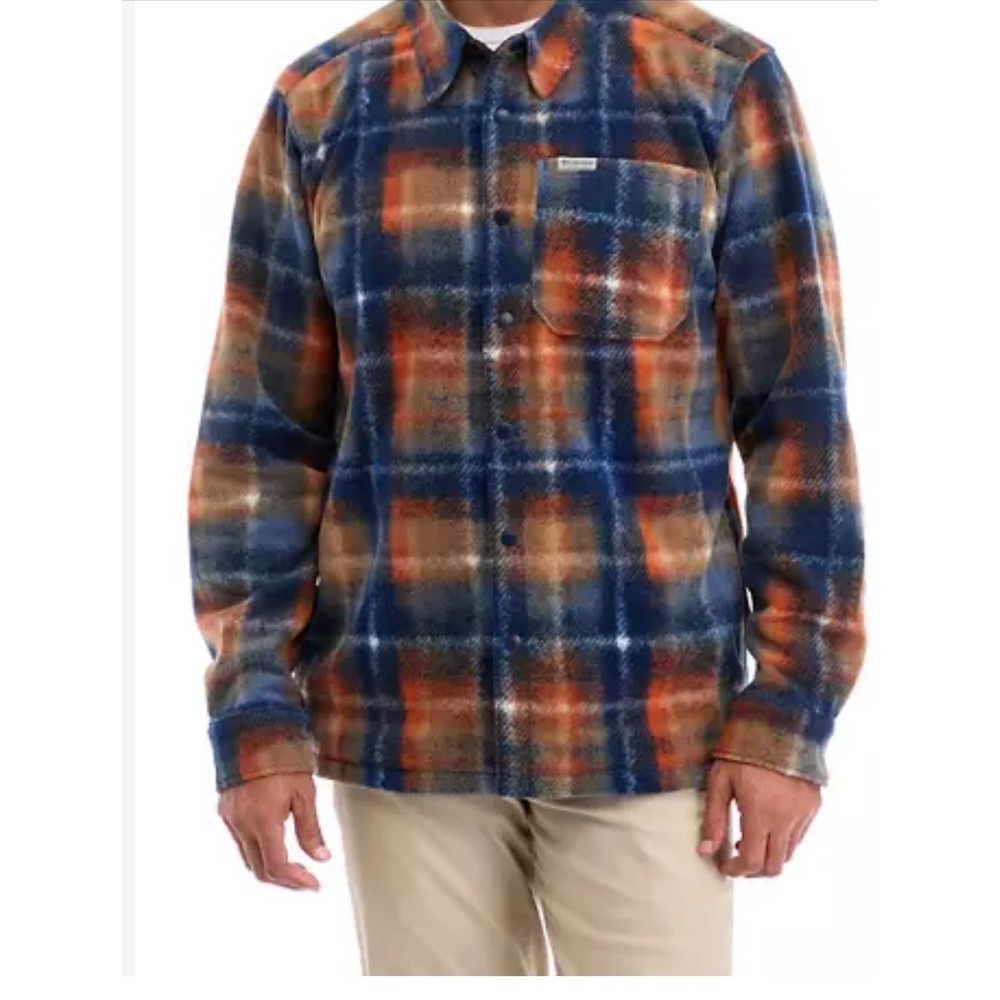 Columbia Fleece Shirt Jacket Mens XL Blue Orange Plaid Gorpcore Shacket